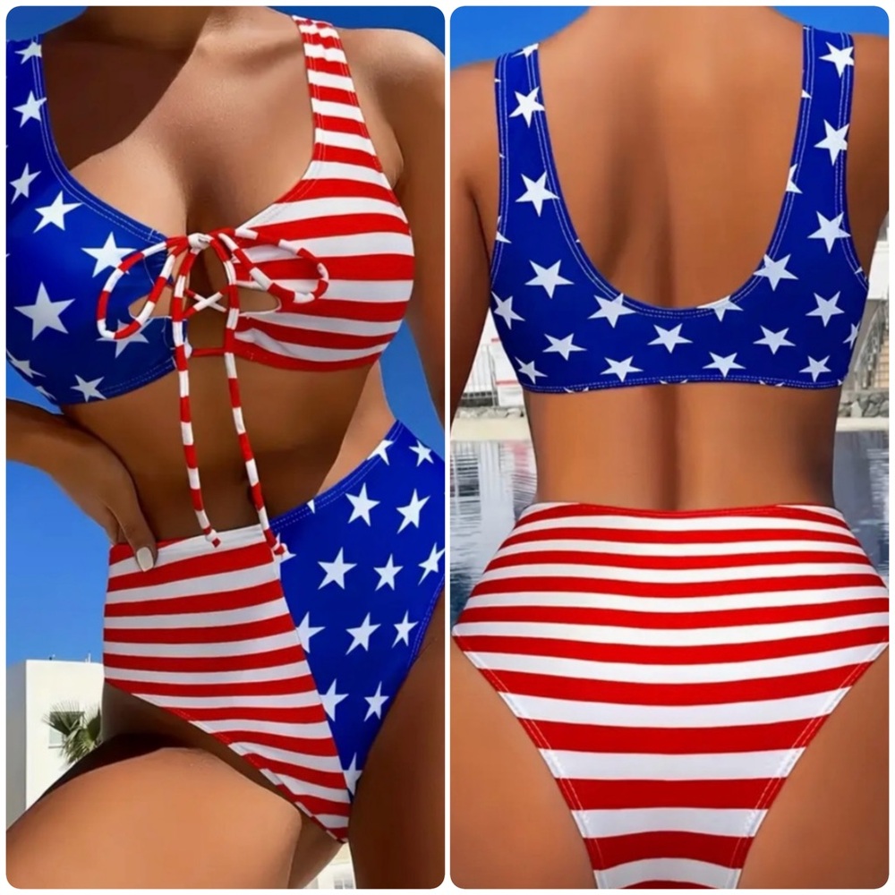 American Flag Stars Stripes Tie Front High Waisted Bikini Set